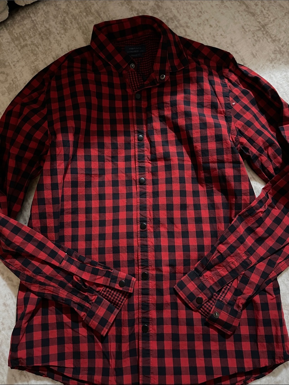 Zara Men’s Red and Black Check Button-Down Shirt